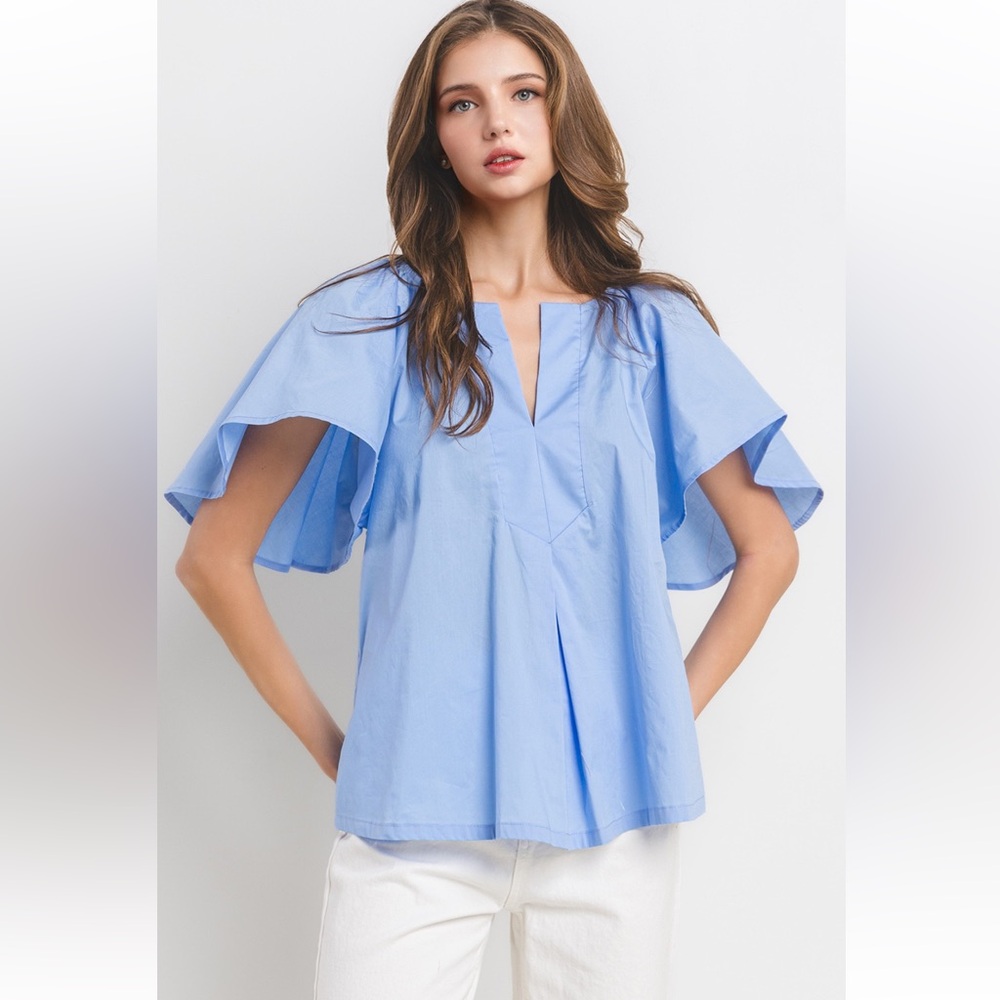 30 Boho Solid Flutter Sleeve Split Neck Top - Picture 2 of 6